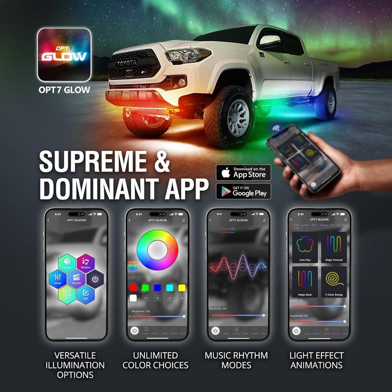 OPT7 Aura DreamColor Underglow Chasing Lights for Truck w/APP & Remote Control, Waterproof Rigid Aluminum LED Light Bar, Exterior Neon Accent Underbody RGBIC Lighting Kit, Multicolor Music Mode, 12V - Image 3